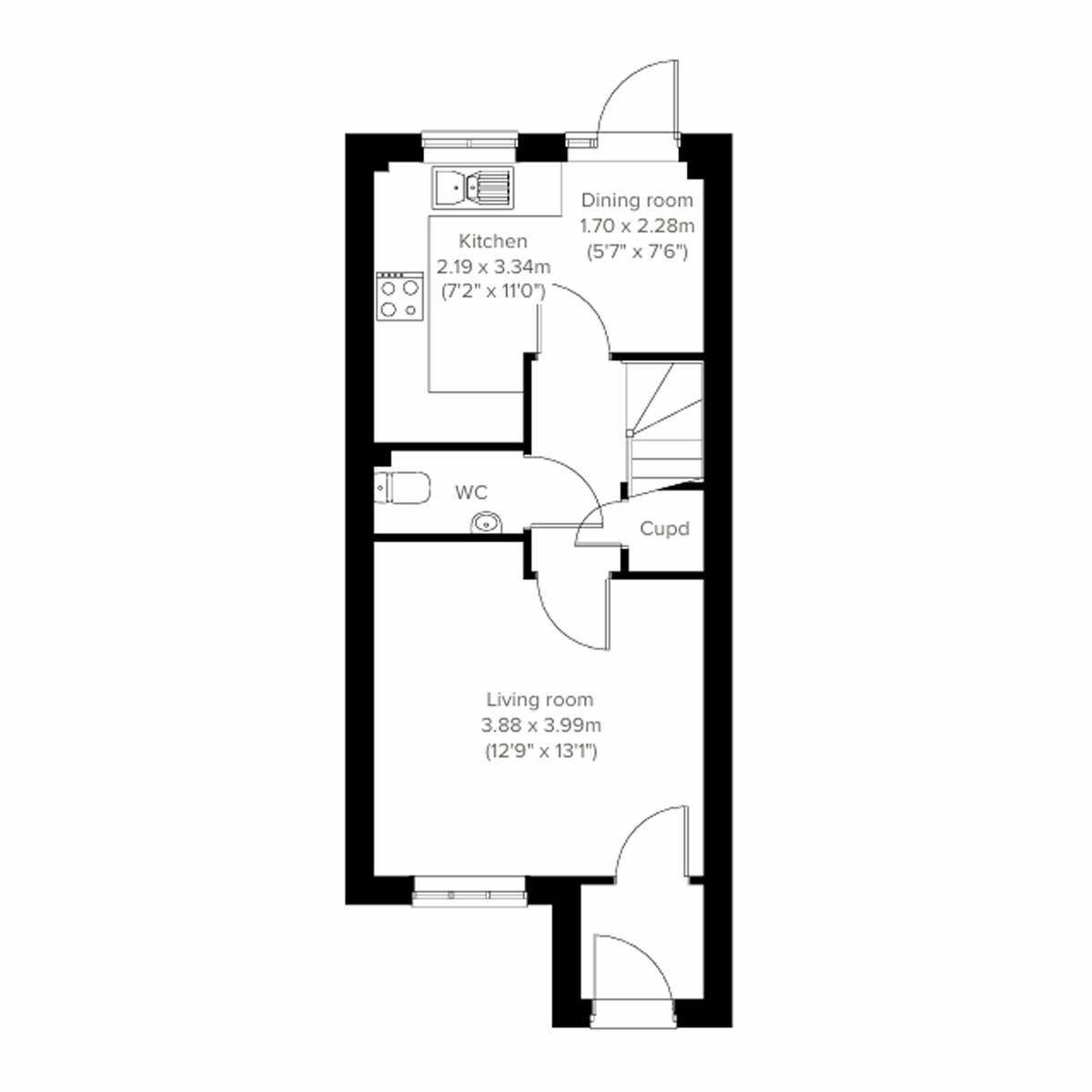 Ground floor plan with living room, kitchen-dining area, WC and storage cupboard.