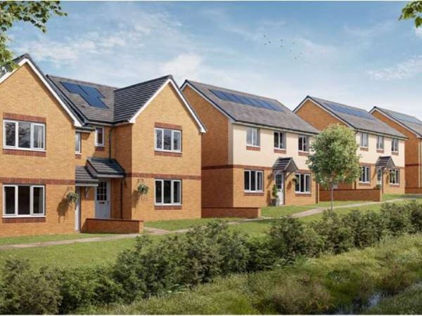 Row of modern energy-efficient new-build homes with solar panels and landscaped front gardens at Persimmon Homes Kings Gate development in Beith, Ayrshire.