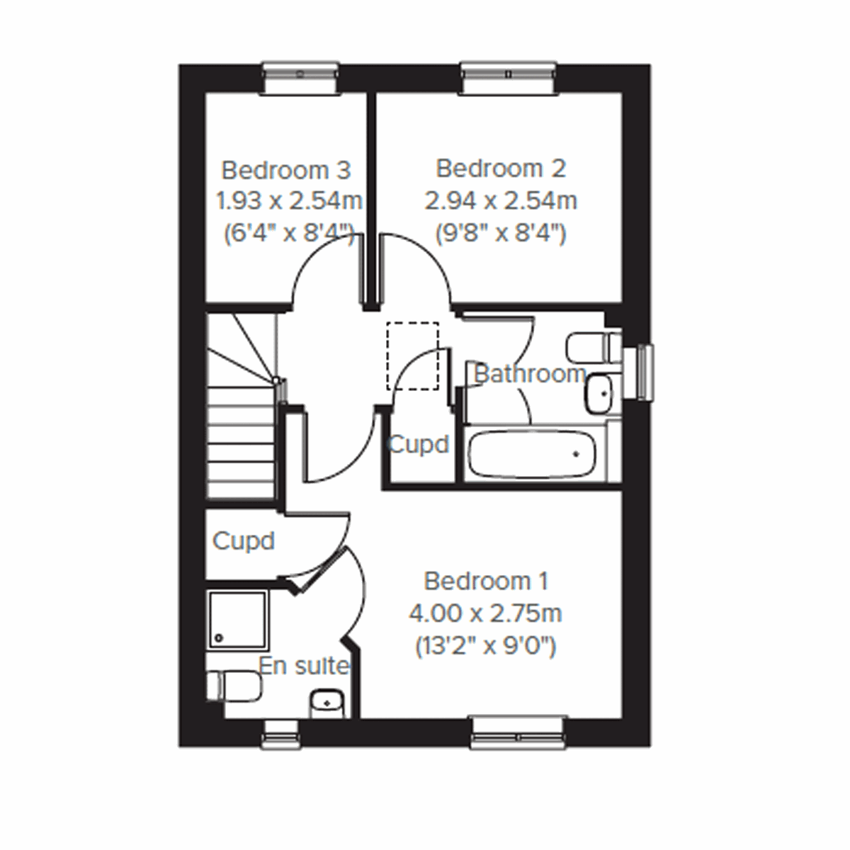 First floor plan of the Danbury showing three bedrooms, bathroom and en suite.