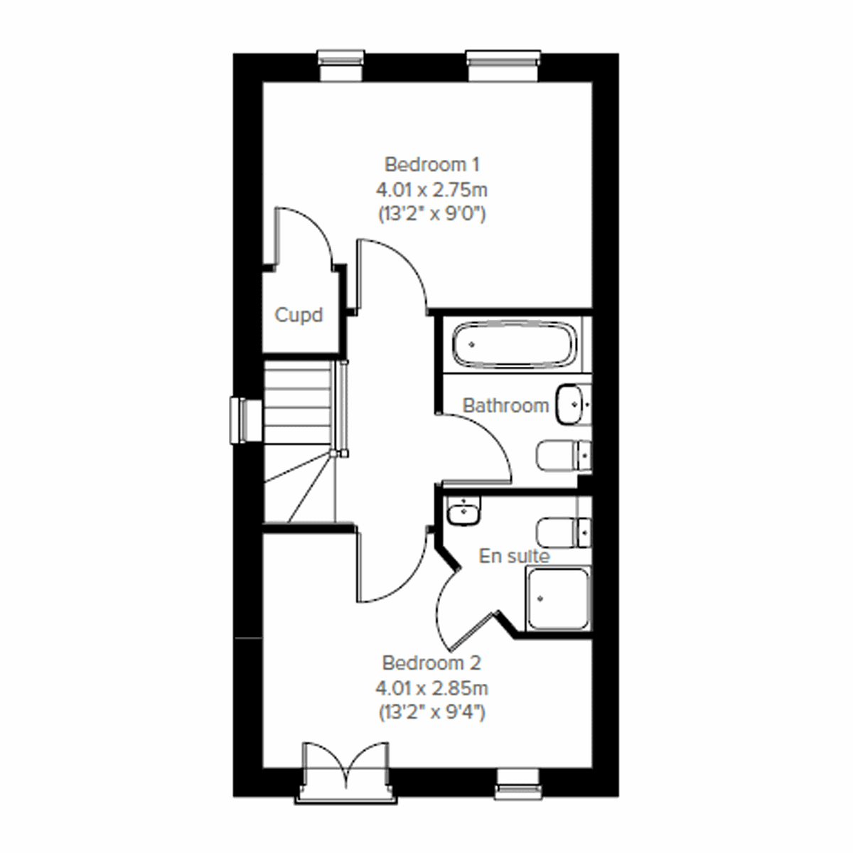 Second floor plan of the Ashdown showing bedrooms 1 and 2, bathroom and en suite.