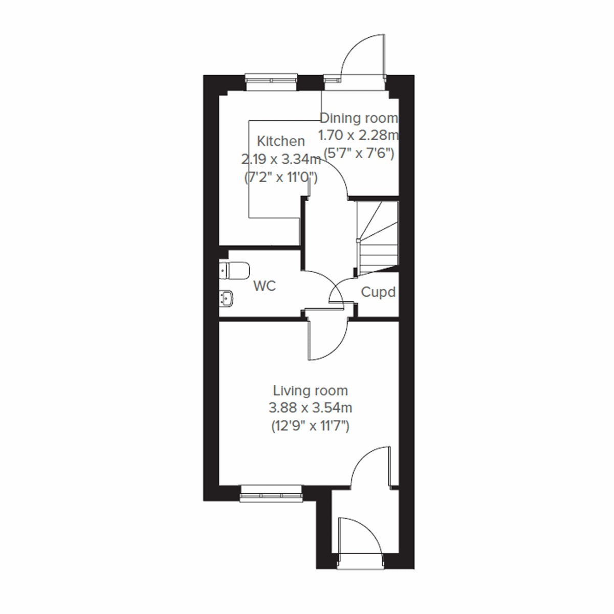 Floor plan of a 3 bed home at Persimmon Homes development in Easton with open plan kitchen and dining room, plus front aspect living room 