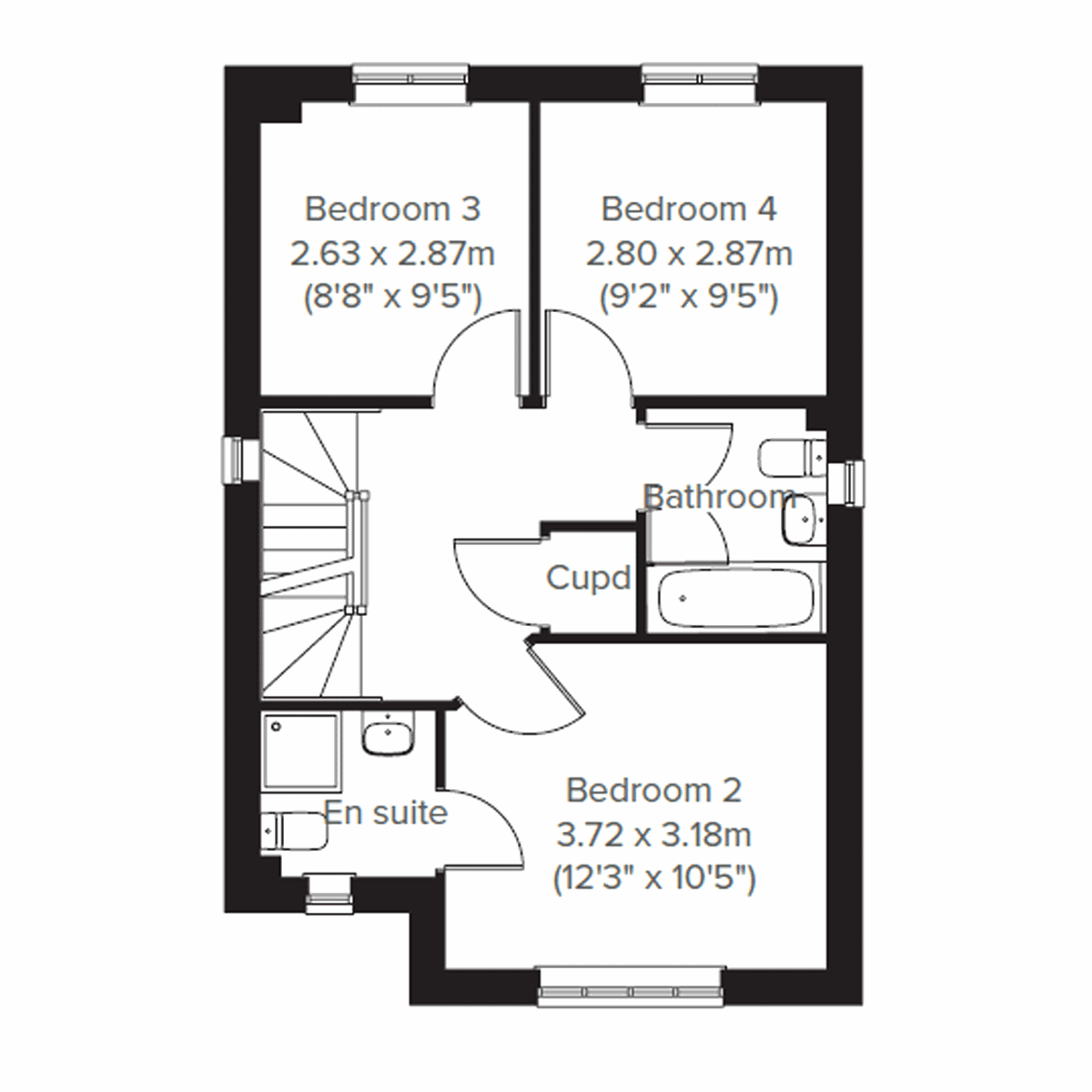 Greenwood first floor plan at Minster View with bedrooms two, three and four, and bathroom.