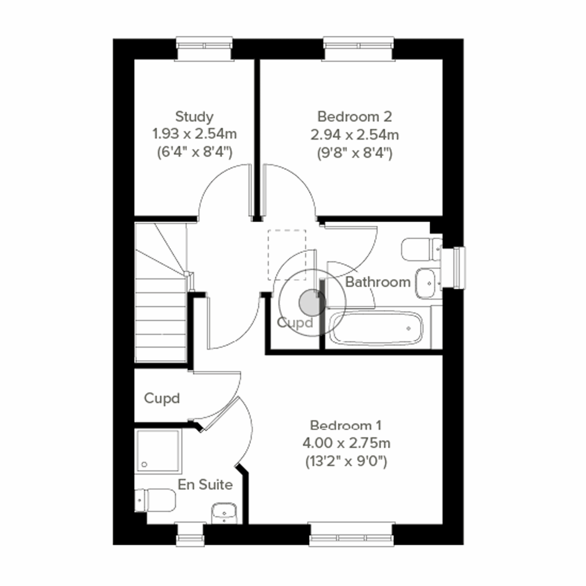 First floor plan of the Danbury at Everingham Place with bedroom, study and bathroom.