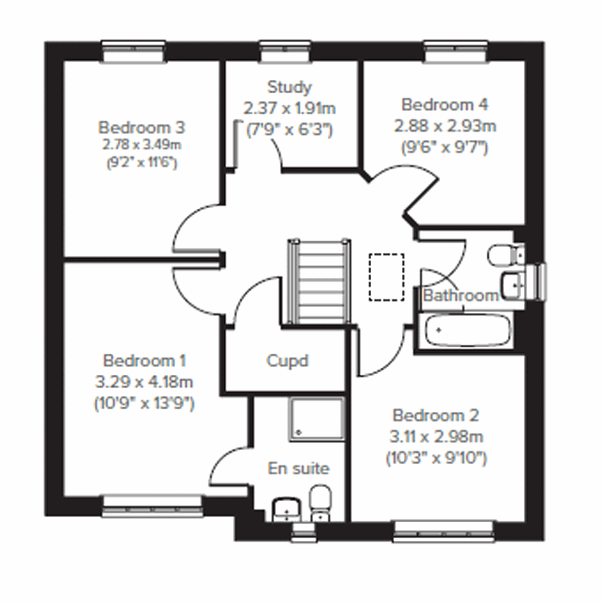 First floor plan of the Marston showing four bedrooms, study, bathroom and en suite.