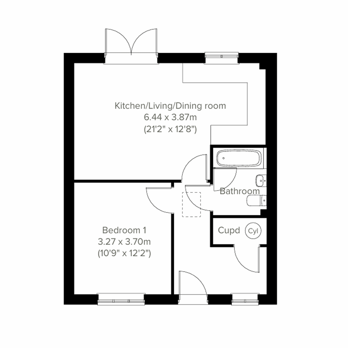 Floor plan of the Heartwood showing one bedroom, bathroom and open-plan kitchen, living and dining room.