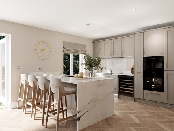 Contemporary kitchen with light gray cabinets, a marble island, and integrated appliances including an oven and wine cooler. Four upholstered bar stools line the island, and a large wall clock adds a decorative touch. Natural light enters through a window and glass doors.