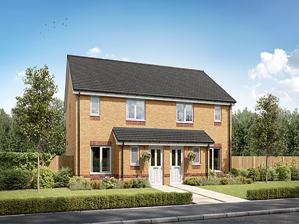 Front view of modern semi-detached two-storey homes with landscaped gardens and paved paths at Persimmon Homes Kings Gate development in Beith, Ayrshire.