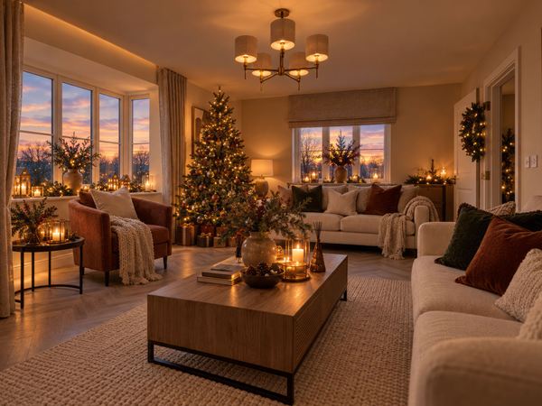 Show home living room with Christmas tree and festive decorations at Mulberry Park.
