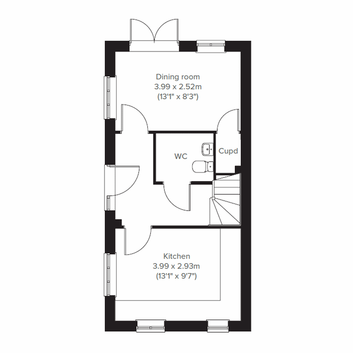 Ground floor plan of The Ashdown Corner home with kitchen, dining room and WC.