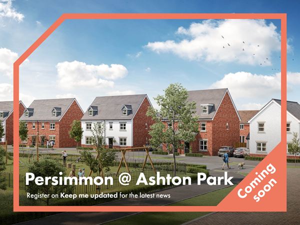 Persimmon @ Ashton Park coming soon: CGI of modern homes with green spaces and play area. 