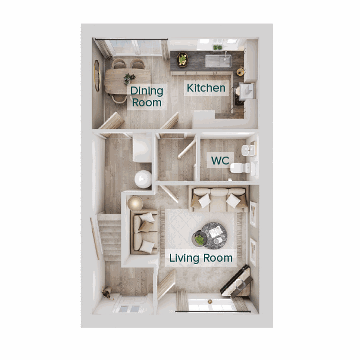 Ground floor plan showing a living room, separate kitchen/dining room, WC, storage space.
