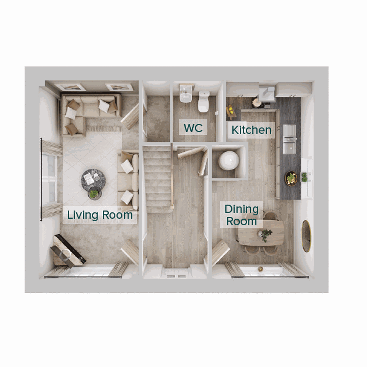Ground floor plan showing a living room, separate kitchen and dining room, WC.