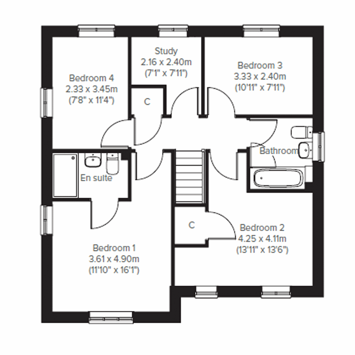 Floor plan of a four bed at Persimmon Home development with four bedrooms and study