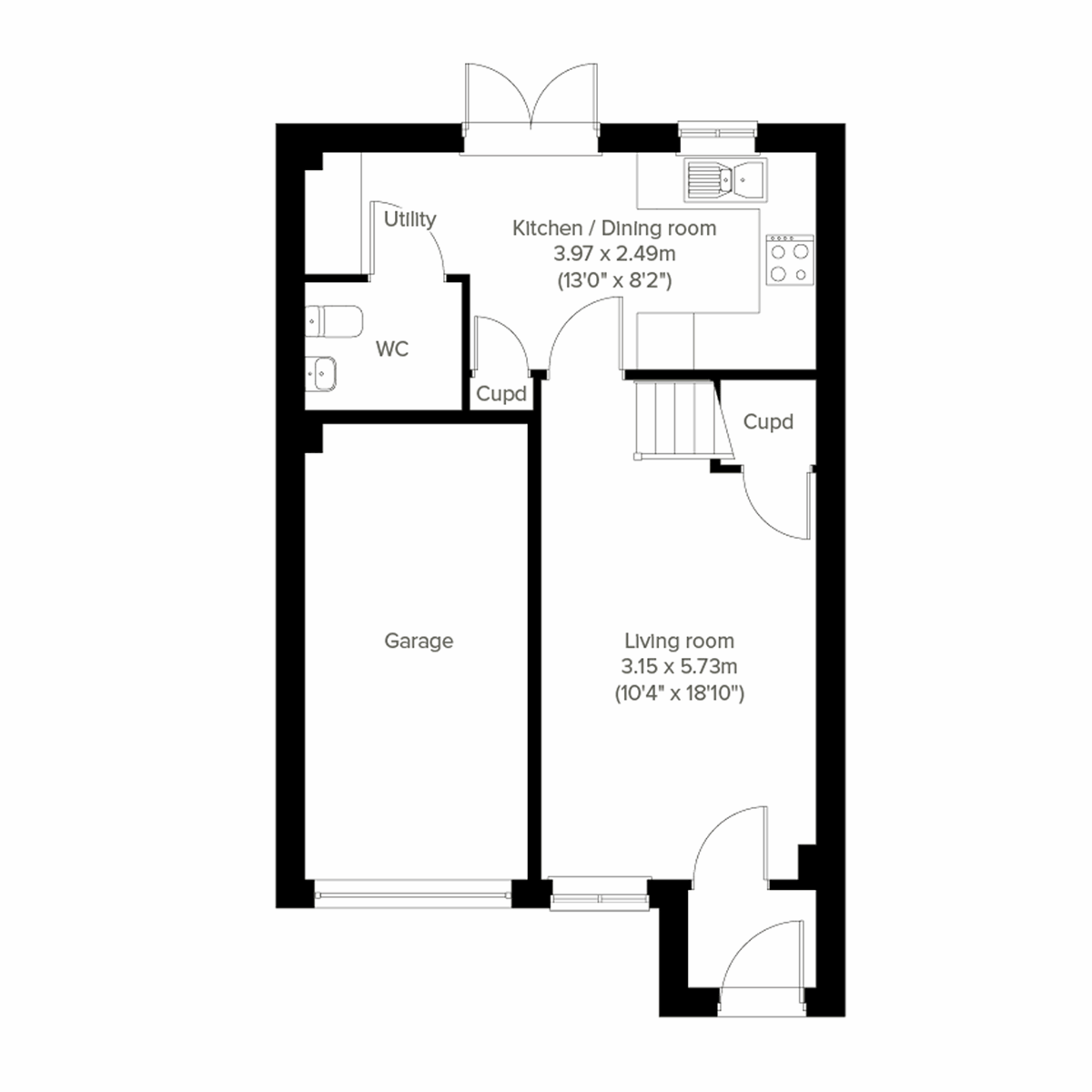 Ground floor plan of the Delamare at Everingham Place with garage, kitchen diner and living room.