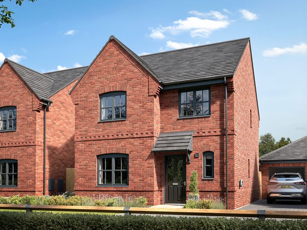 Front view of The Knebworth, a Persimmon Homes detached four-bedroom home with red brick exterior, driveway parking, detached garage and landscaped front garden.
