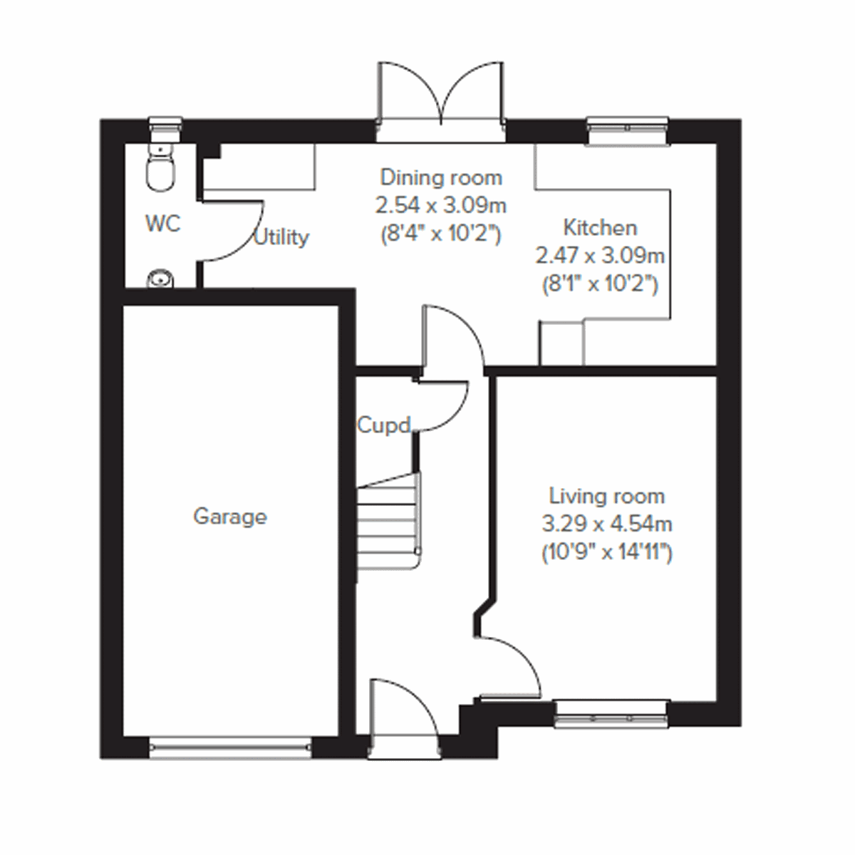 Ground floor plan of the Marston at Warren Park with garage, kitchen, dining room and living room.