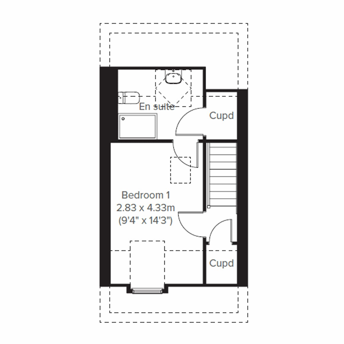 Floor plan of a 3 bed home at Persimmon Homes development in Easton with bedroom one with en suite and storage cupboard to the landing and en suite