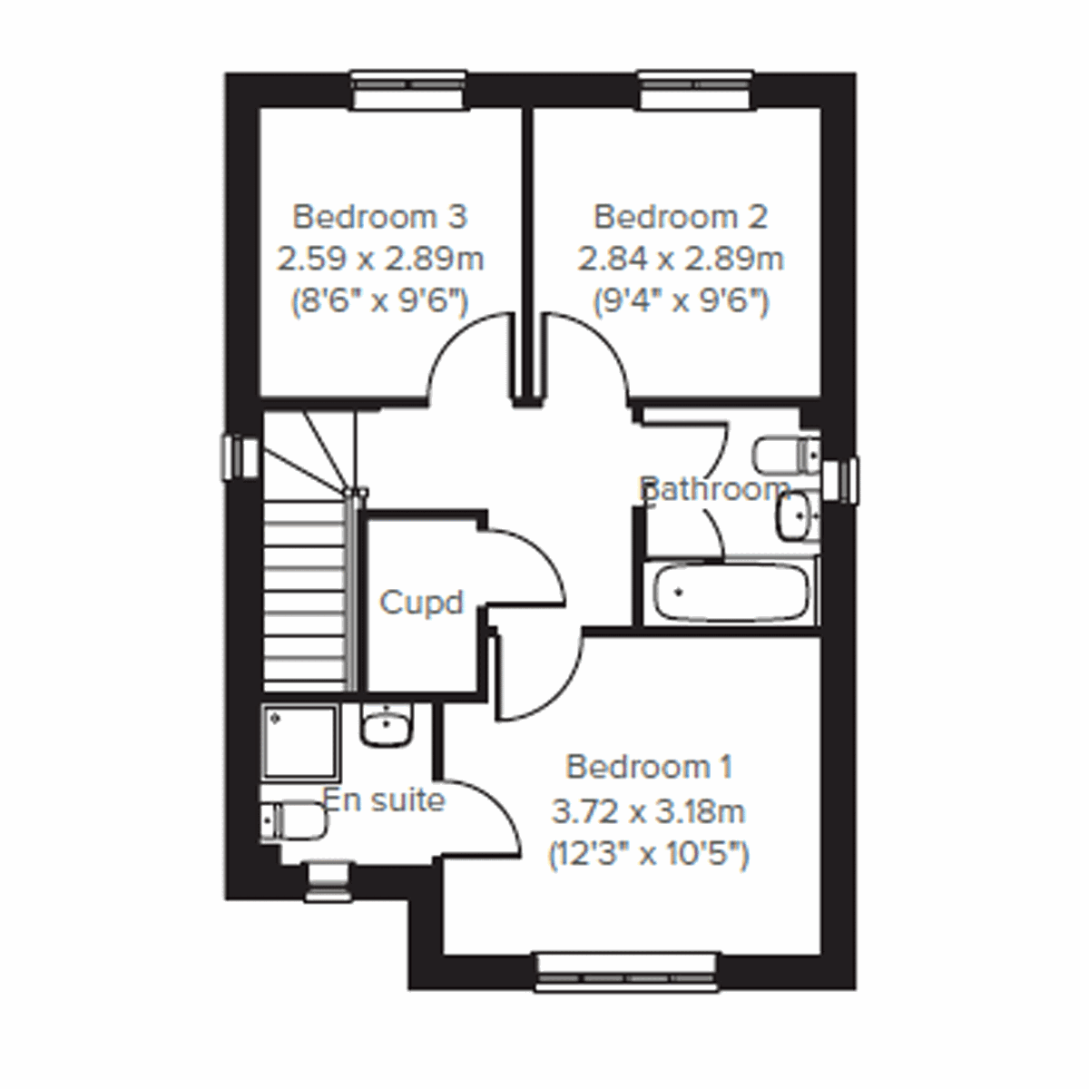 First floor plan of the Sherwood showing three bedrooms, bathroom and en suite.