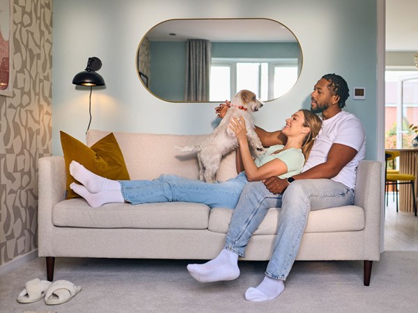 A couple on a sofa in a modern Persimmon living room playing with a Jack Russell dog. 