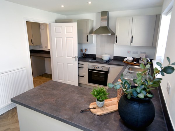 Modern kitchen with breakfast bar in the Greenwood at Trehenlis Gardens.