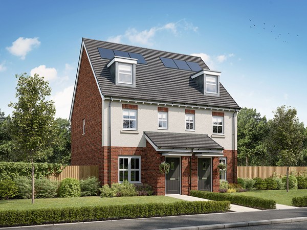 Front view of the Saunton at Warren Park with landscaped garden and solar panels.