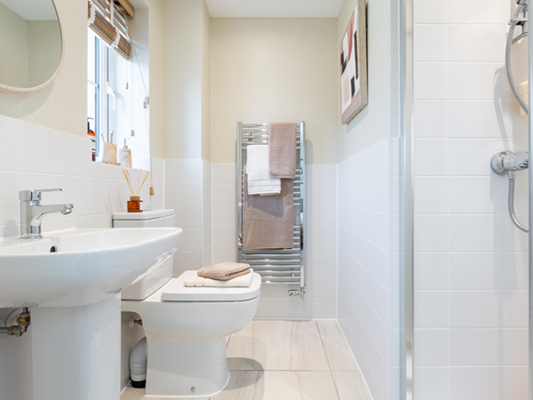 En suite bathroom with toilet, sink and shower in white colour