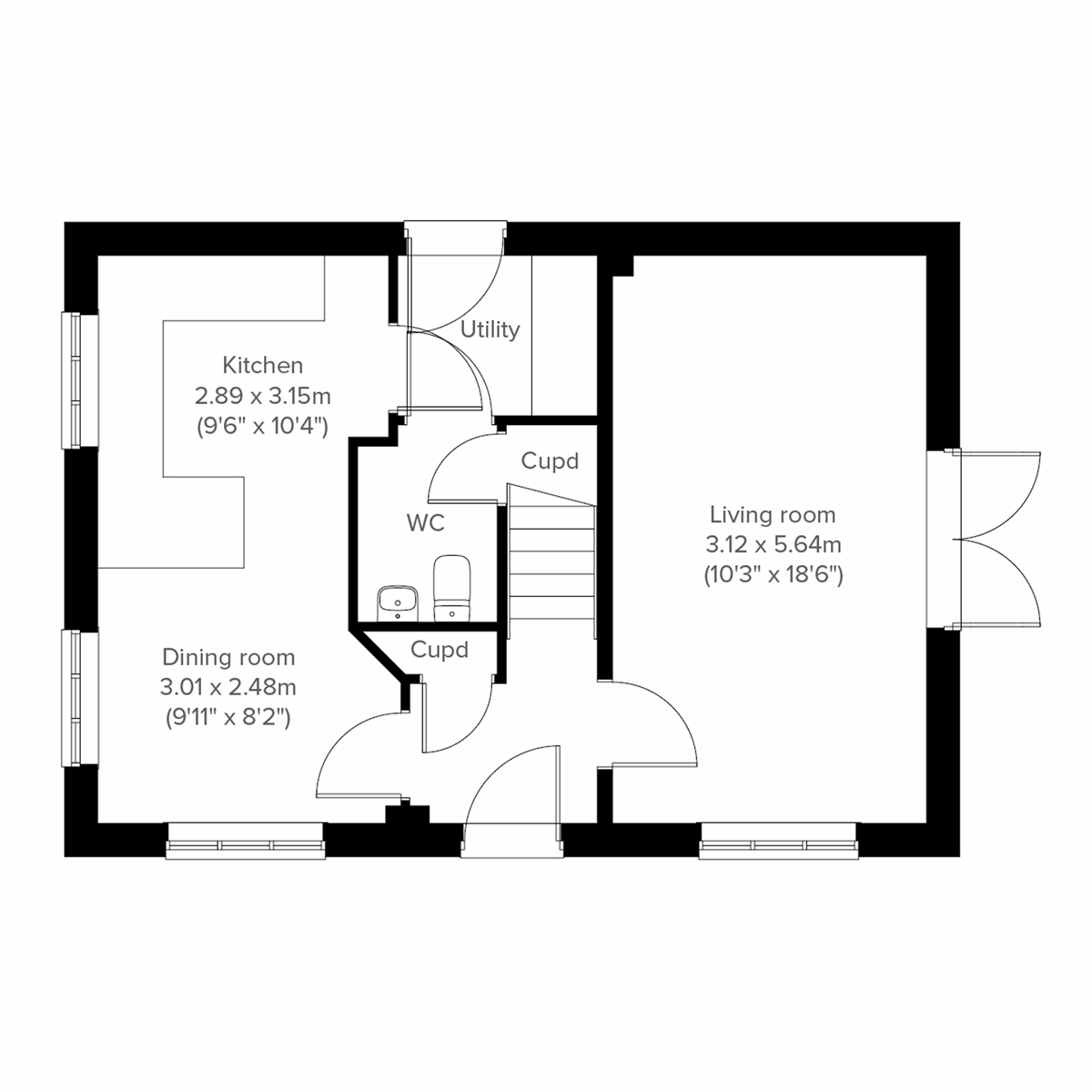 Floor plan of a three bedroom home at Persimmon Homes Woods Meadow the Barnwood ground floor with dual aspect living room