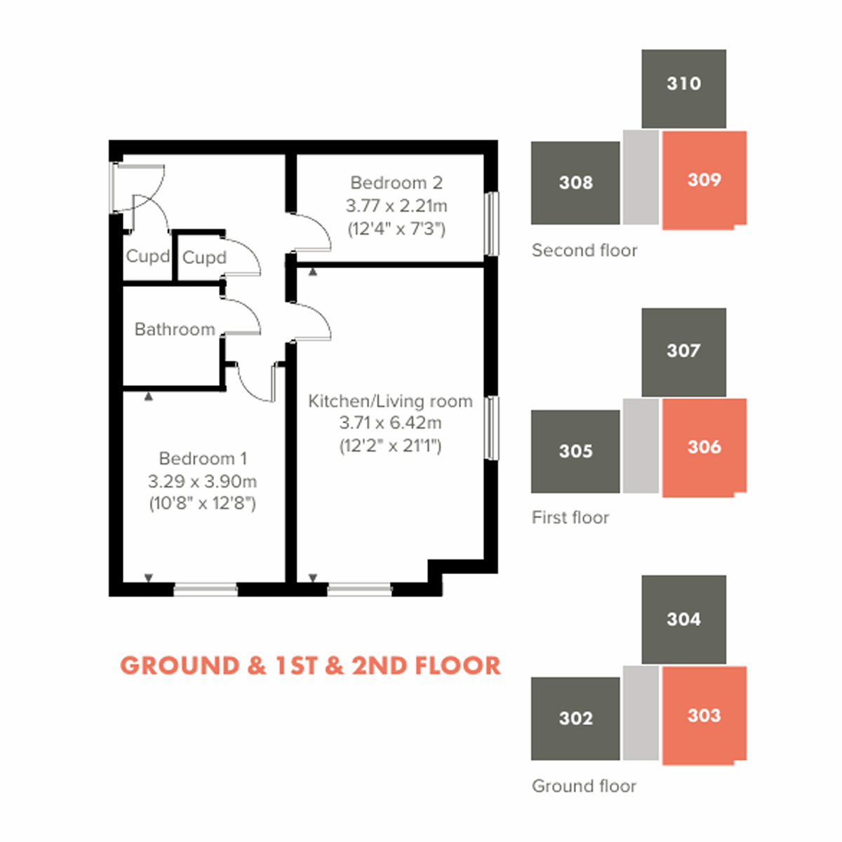 Two-bedroom apartment floor plan with spacious open-plan kitchen and living area. Floor plan showing a two-bedroom apartment with bathroom and storage cupboards.