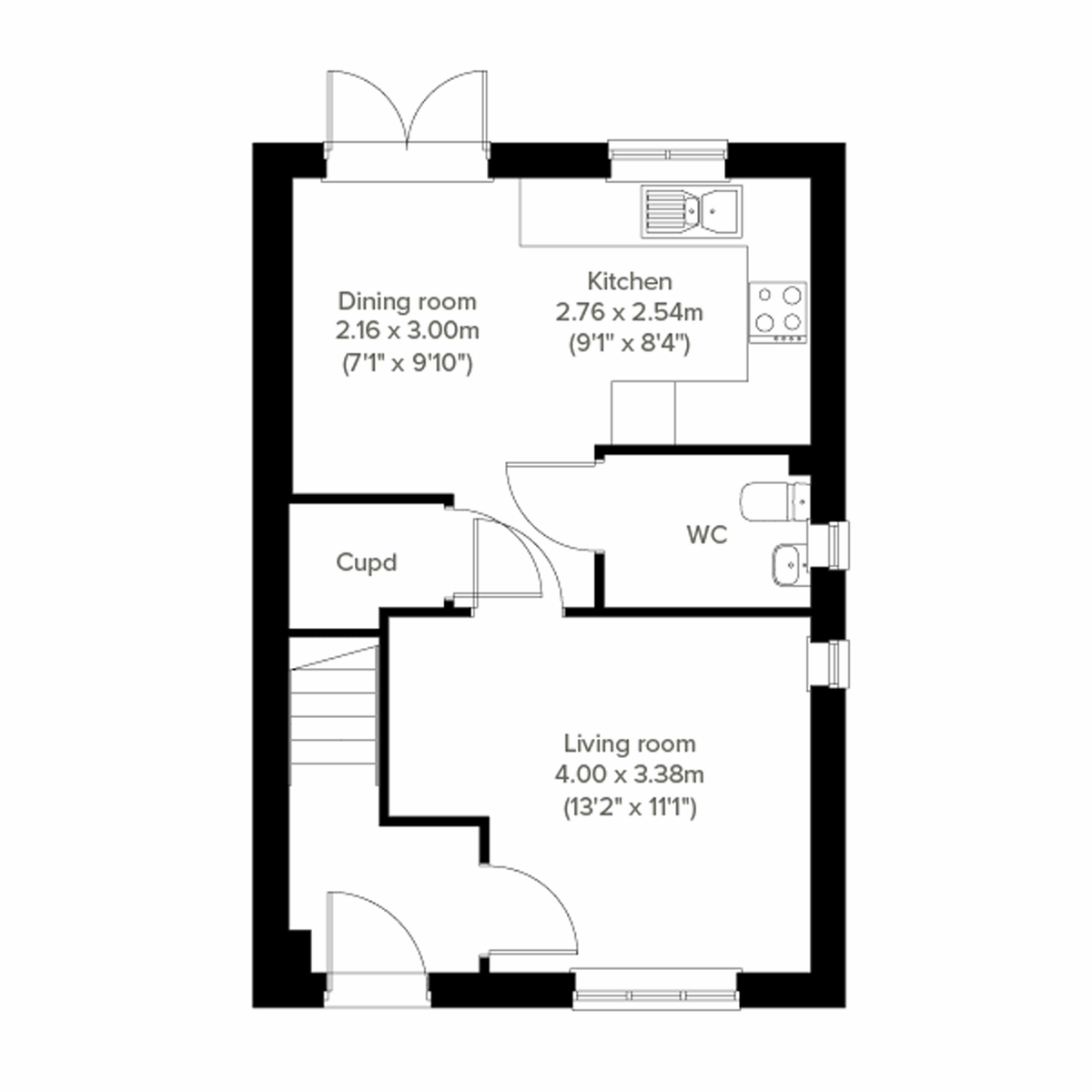 Ground floor plan of the Danbury at Everingham Place with kitchen, dining room and living room.