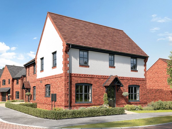 Front view of The Silverdale, a Persimmon Homes semi-detached three-bedroom home featuring a red brick and white render exterior, private entrance, landscaped front garden and allocated parking.