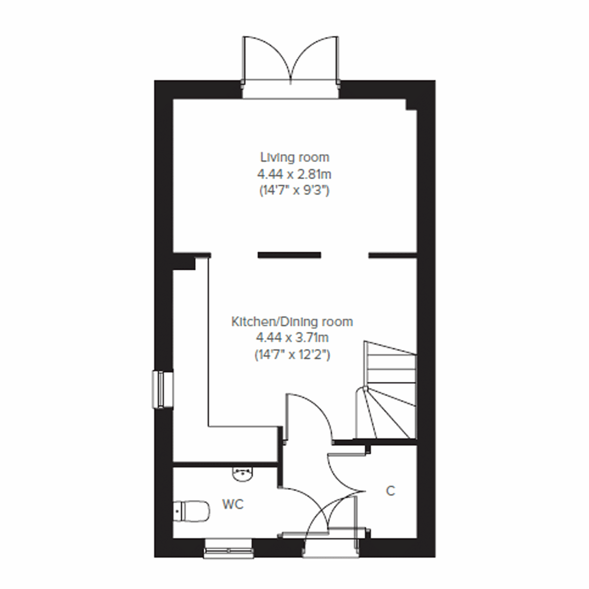 Floor plan of a two bedroom home at Persimmon Homes development with a open plan kitchen and dining area