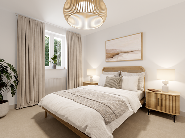 Stylish bedroom with beige bedding, wooden bed frame, matching bedside tables, large window and neutral curtains