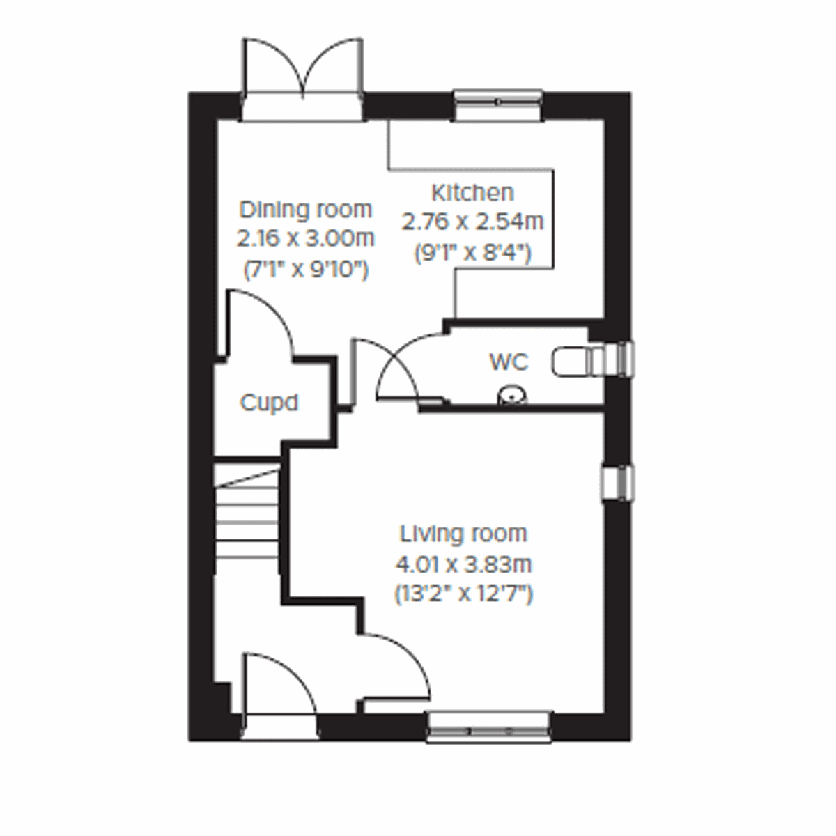 Ground floor plan of the Danbury showing kitchen, dining room, living room, utility and WC.