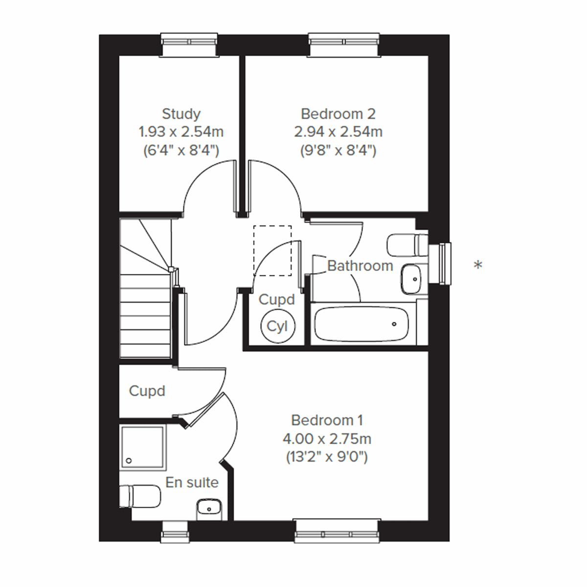 First floor plan of The Danbury home showing bedrooms, study and bathrooms