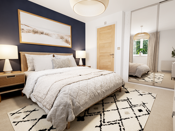 Modern bedroom with navy feature wall, wooden bed frame, neutral bedding, matching bedside tables, and large window with curtains