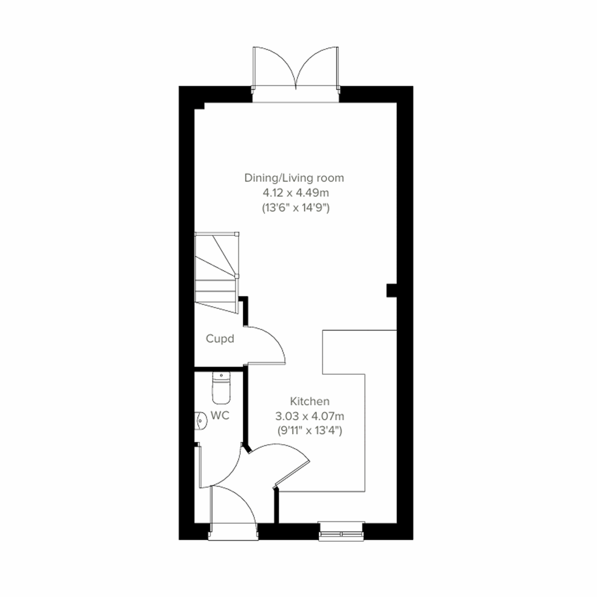 Ground floor plan of the Haldon at Abbotsham Park with kitchen, WC and living room.
