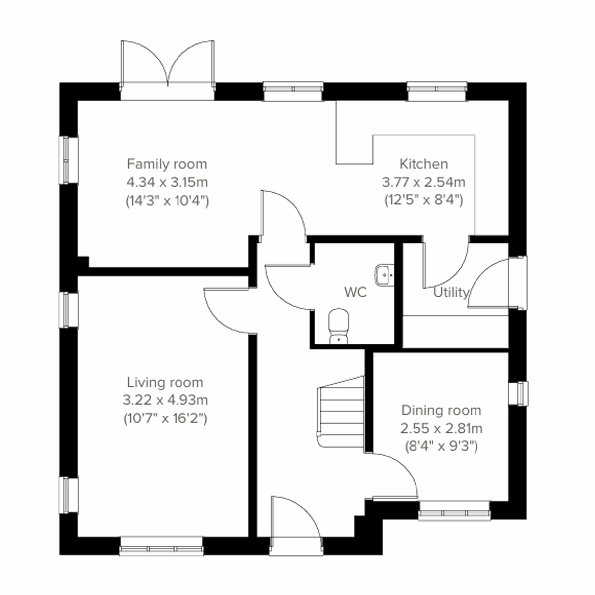 Ground floor plan of a four-bedroom home with living room, family room, separate dining room, kitchen, utility room and WC.