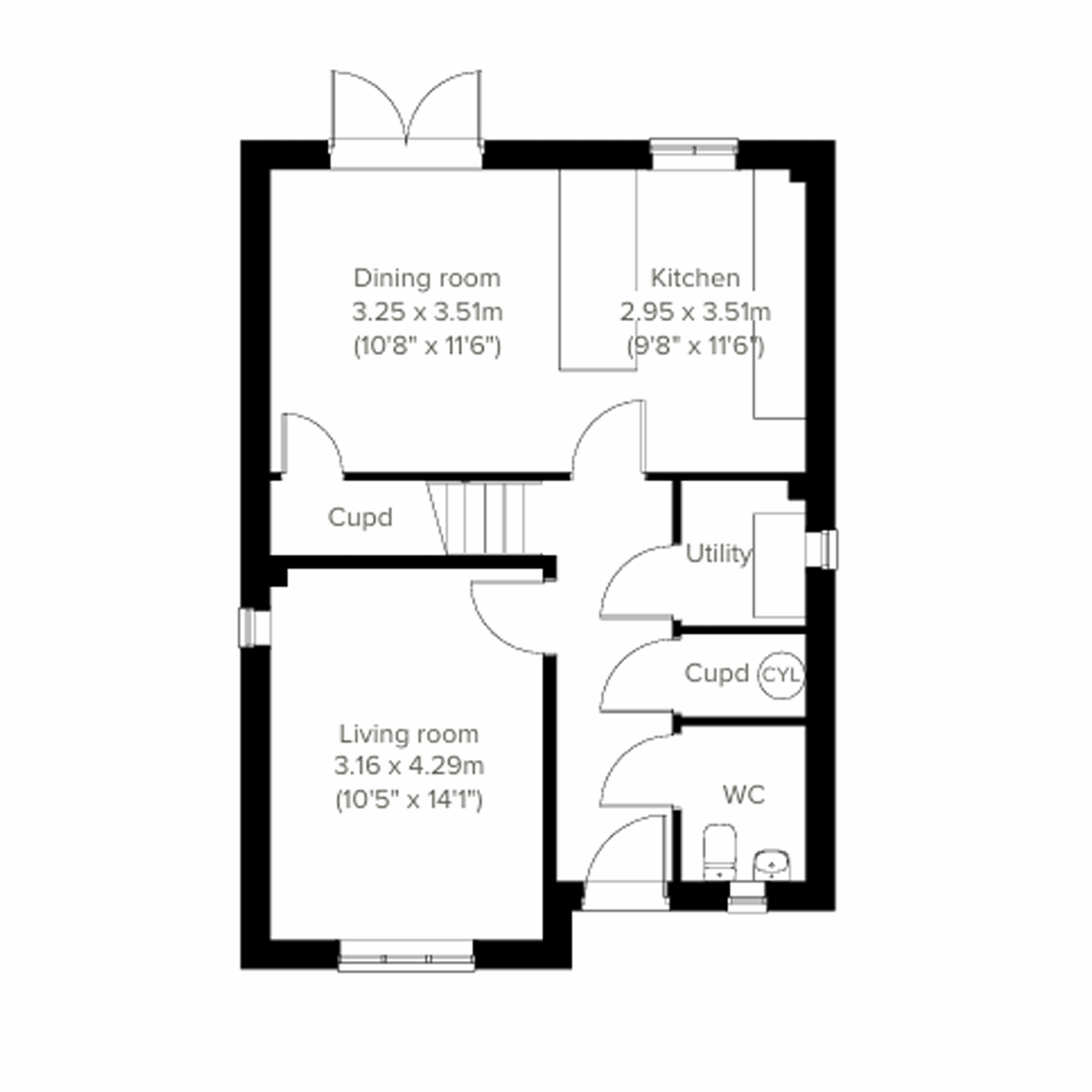 Ground floor plan of the Knebworth showing a living room, dining room, kitchen, utility, WC and cupboard.