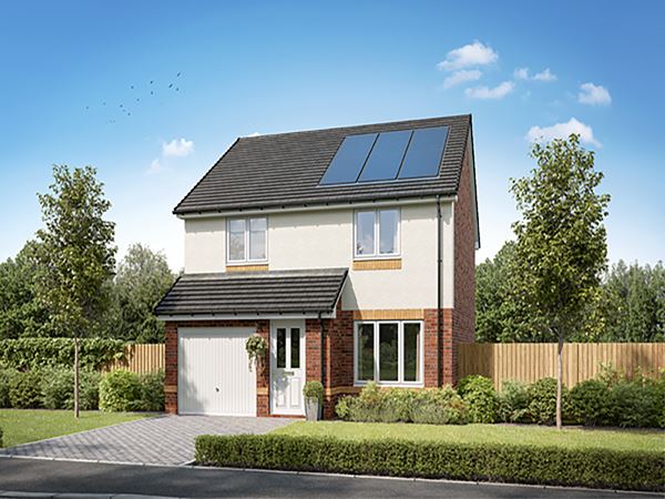 Front view of a modern two-storey detached home with solar panels, garage, and landscaped garden at Persimmon Homes Kings Gate development in Beith, Ayrshire.