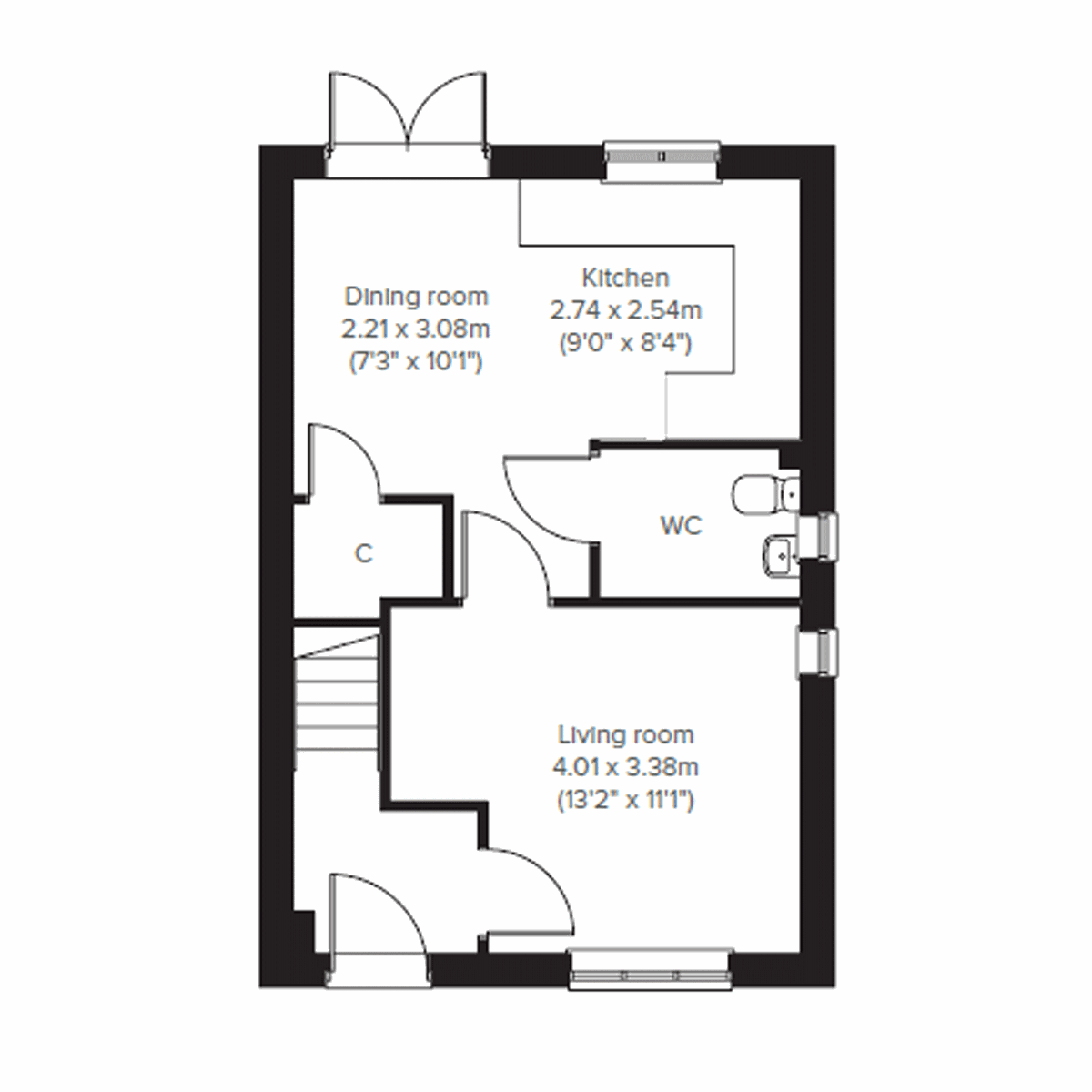 Floor plan of a two bedroom home at Persimmon Homes development with a open plan kitchen and dining area