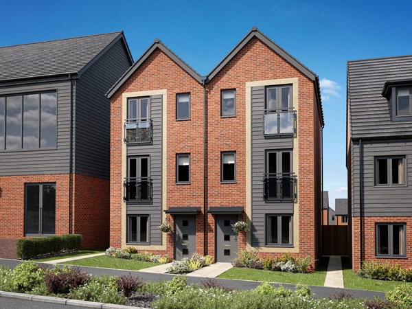 Front view of the Ashdown new build homes at Llys Pentre.