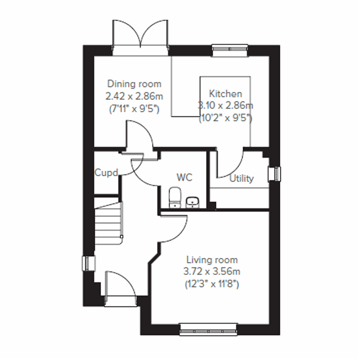 Ground floor plan of the Sherwood at Warren Park with kitchen, dining room and living room.