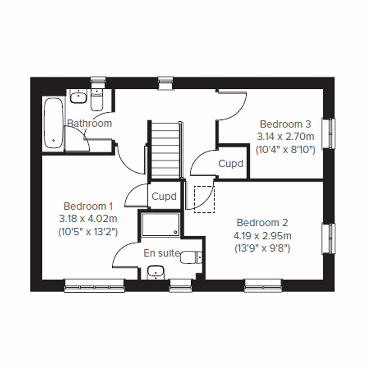 First floor plan of the Barndale showing three bedrooms, bathroom and en suite.