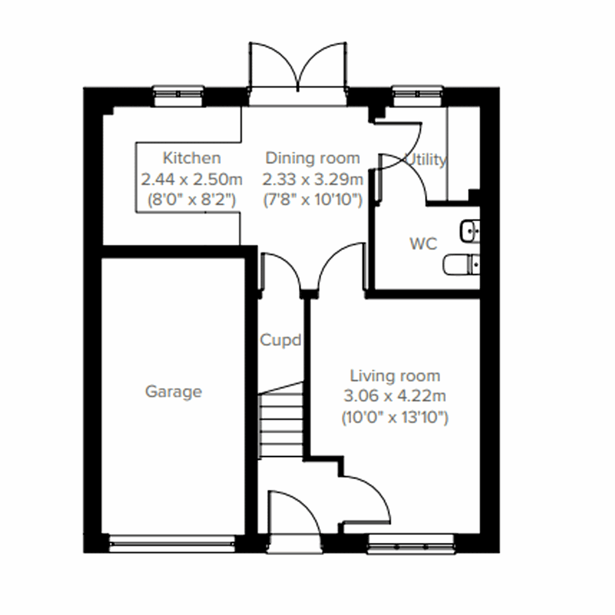 Floor plan of the Kingley showing open plan kitchen and dining room and living room.
