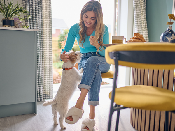 A woman sat at dining table in a new build home by Persimmon feeding a dog