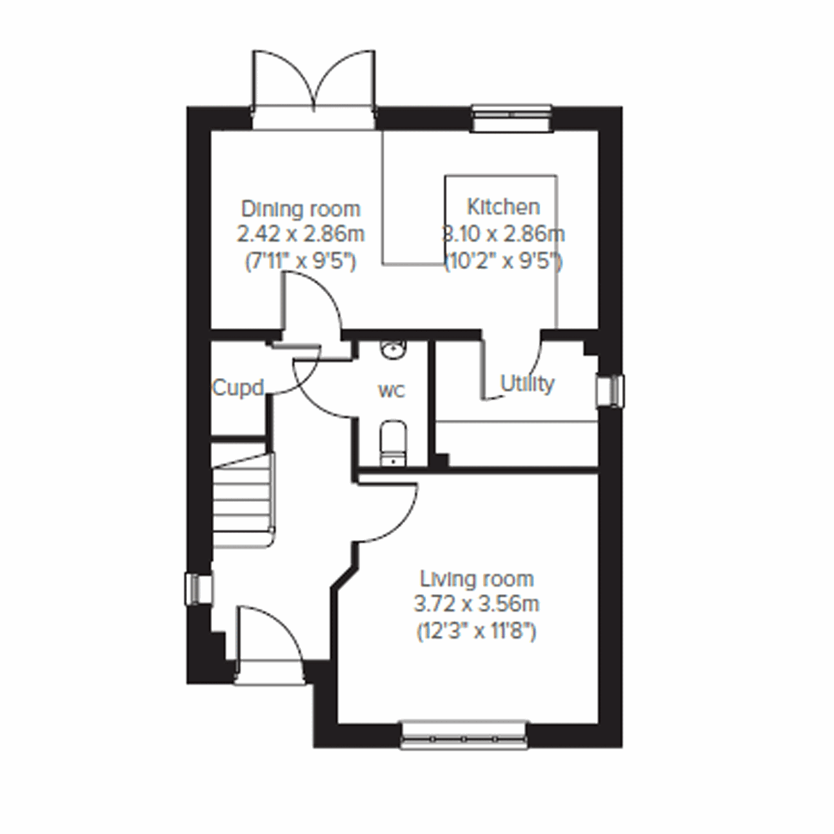 Ground floor plan of the Sherwood showing kitchen, dining room, living room, utility and WC.