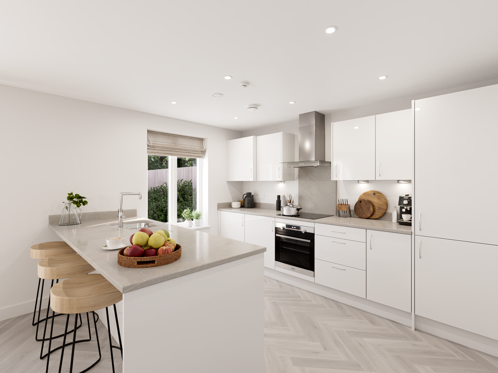 A bright and modern white kitchen with an island in a Persimmon home. 