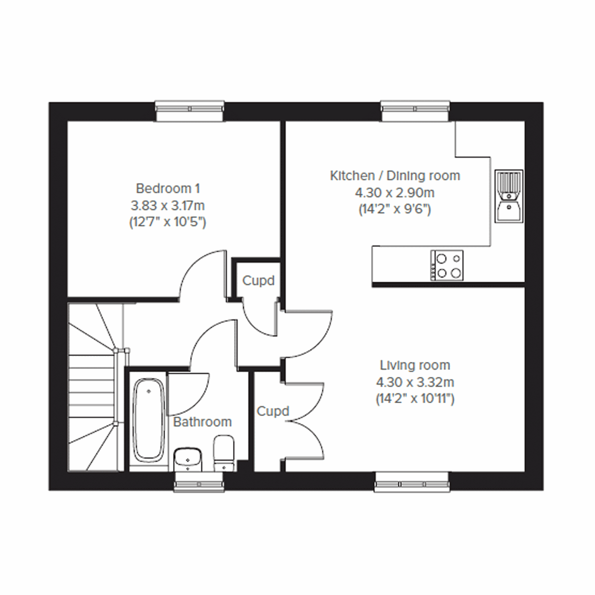 First floor plan showing open plan living, kitchen and dining, plus one bedroom, bathroom and two cupboards.