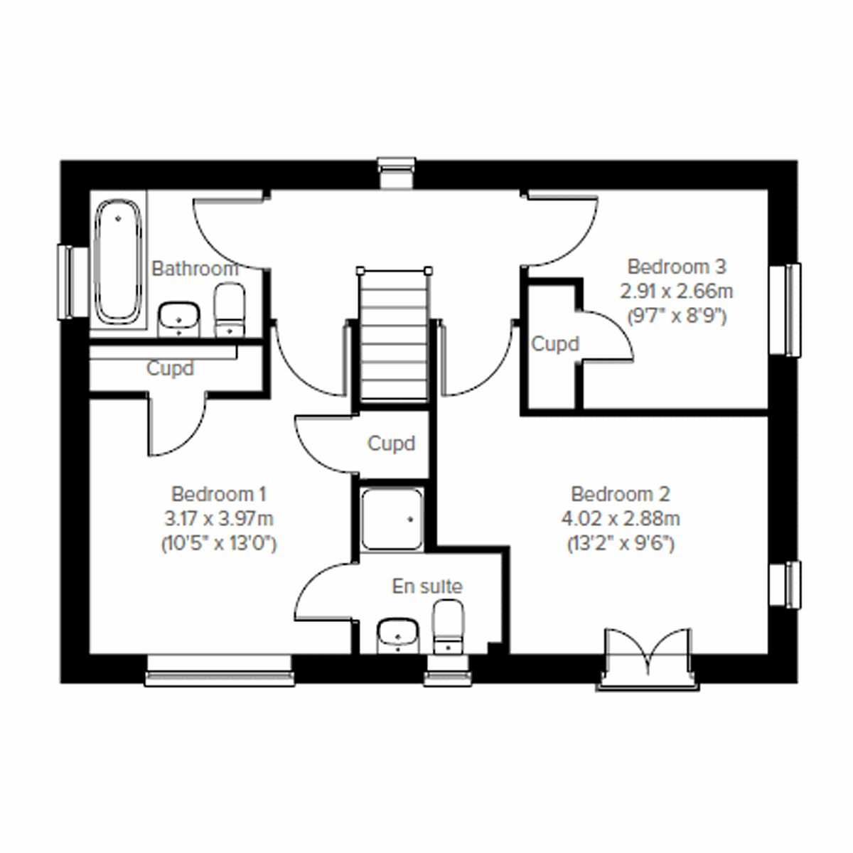 First floor plan of the Charnwood Corner Bay showing three bedrooms, bathroom and en suite.