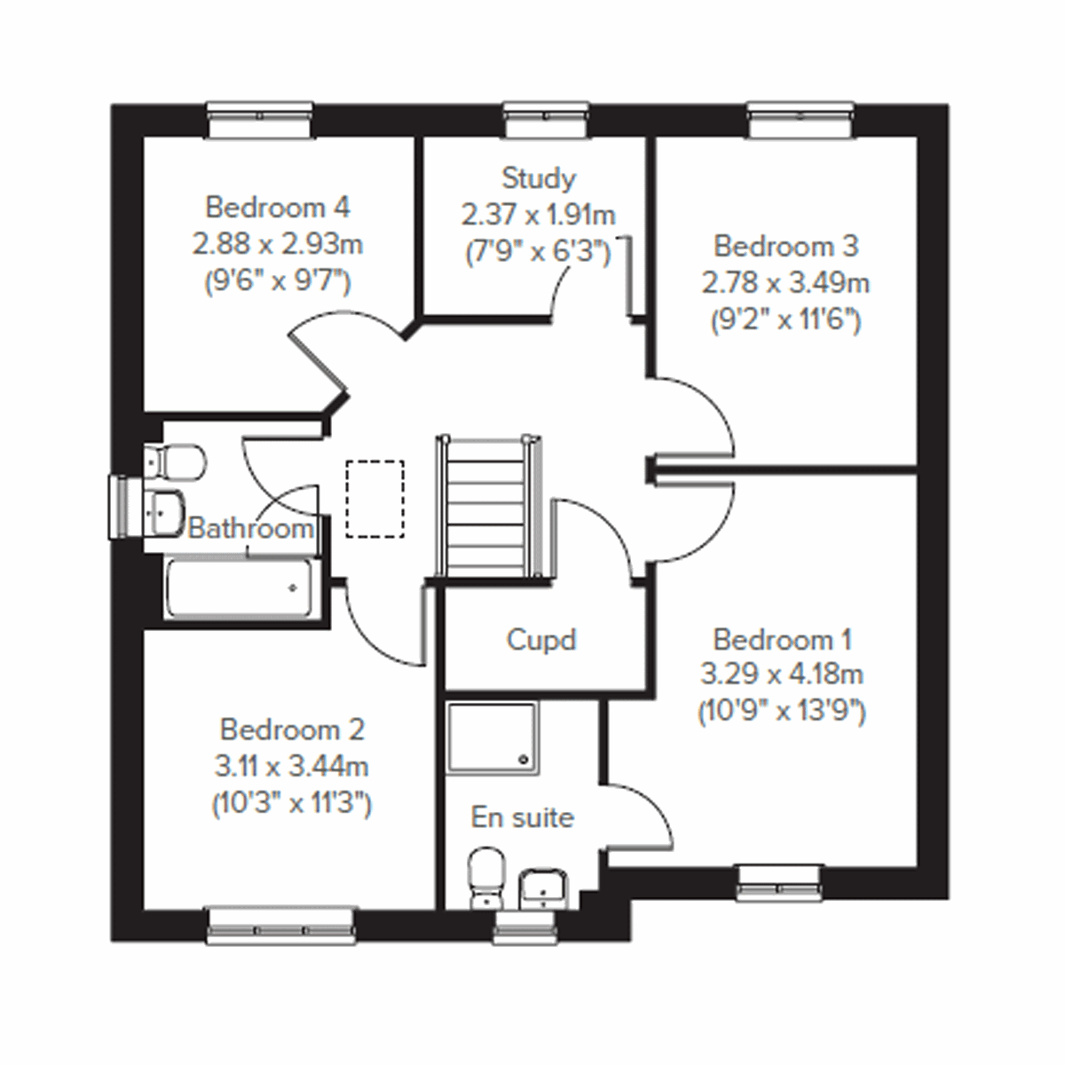 First floor plan of the Marston at Warren Park with four bedrooms, study and en suite.
